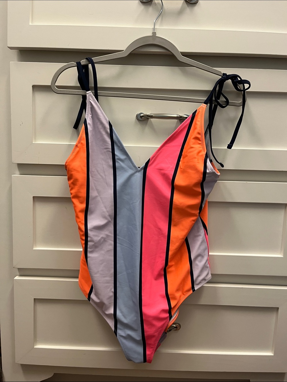 aerie Colorblock V‑Neck One‑Piece Swimsuit in Neon Orange, Pink & Blue